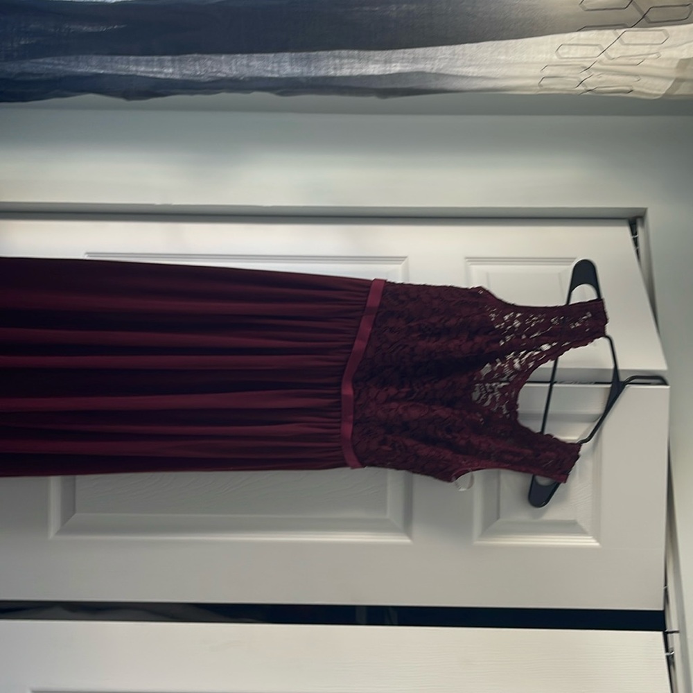 Burgandy long david’s bridal dress